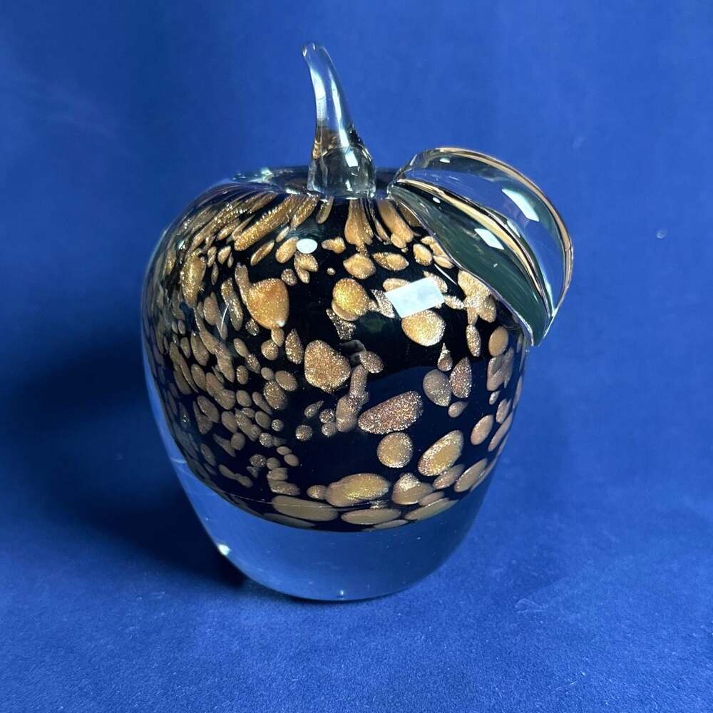 Vintage Murano Black and Rose Gold Aventurine Glass Apple Paperweight